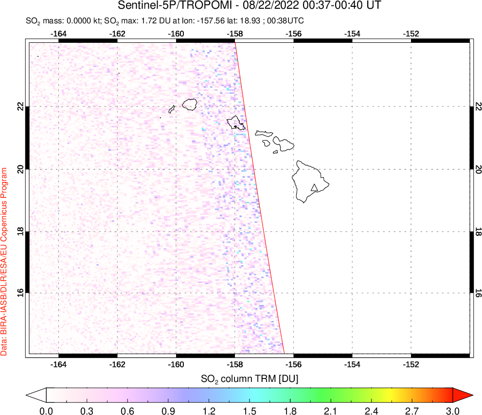 A sulfur dioxide image over Hawaii, USA on Aug 22, 2022.