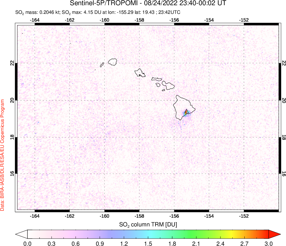 A sulfur dioxide image over Hawaii, USA on Aug 24, 2022.
