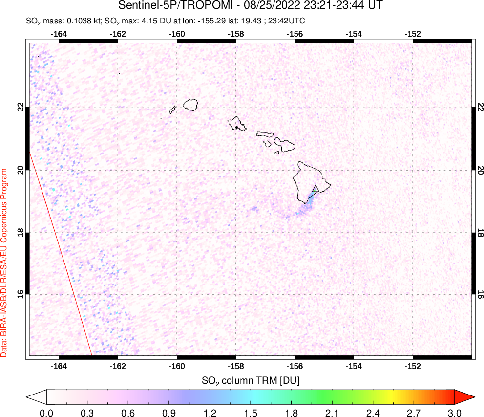 A sulfur dioxide image over Hawaii, USA on Aug 25, 2022.