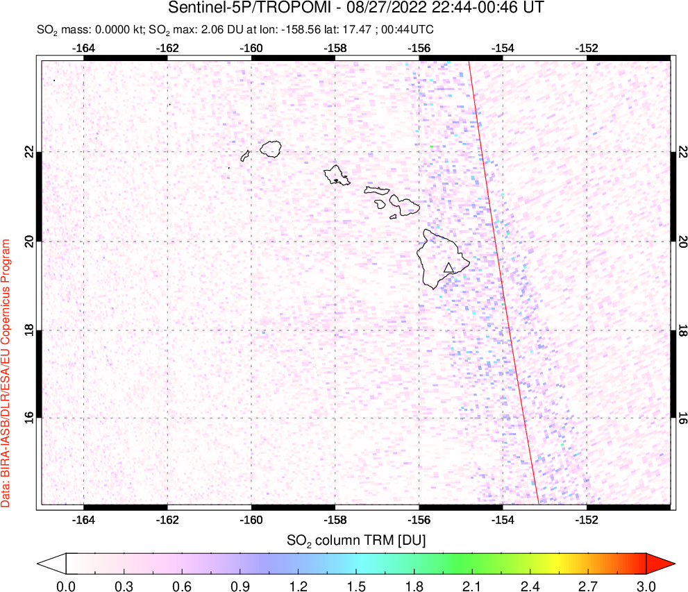 A sulfur dioxide image over Hawaii, USA on Aug 27, 2022.