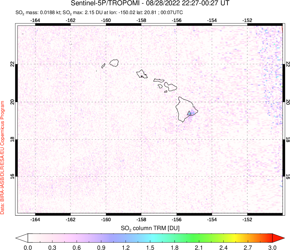 A sulfur dioxide image over Hawaii, USA on Aug 28, 2022.