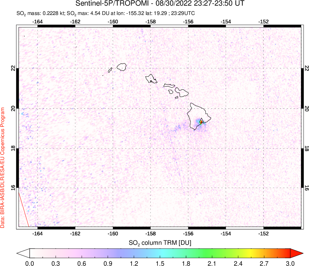 A sulfur dioxide image over Hawaii, USA on Aug 30, 2022.