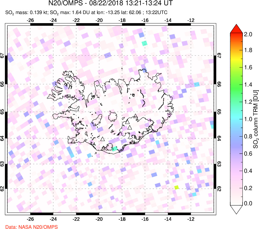 A sulfur dioxide image over Iceland on Aug 22, 2022.