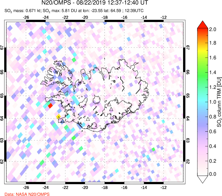 A sulfur dioxide image over Iceland on Aug 22, 2022.