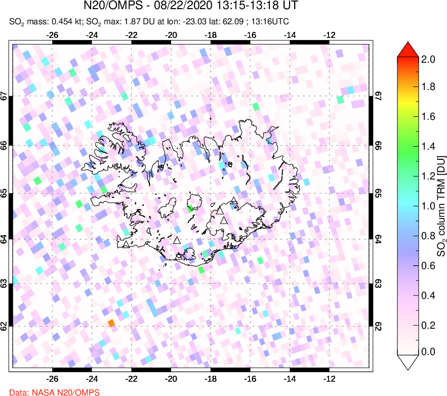 A sulfur dioxide image over Iceland on Aug 22, 2022.