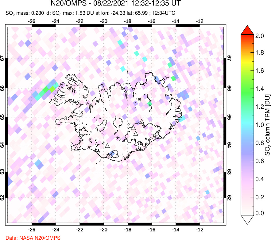 A sulfur dioxide image over Iceland on Aug 22, 2022.