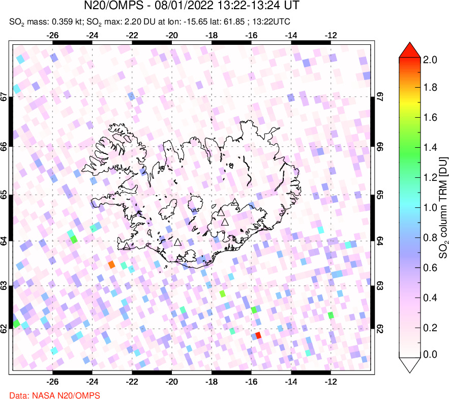 A sulfur dioxide image over Iceland on Aug 01, 2022.