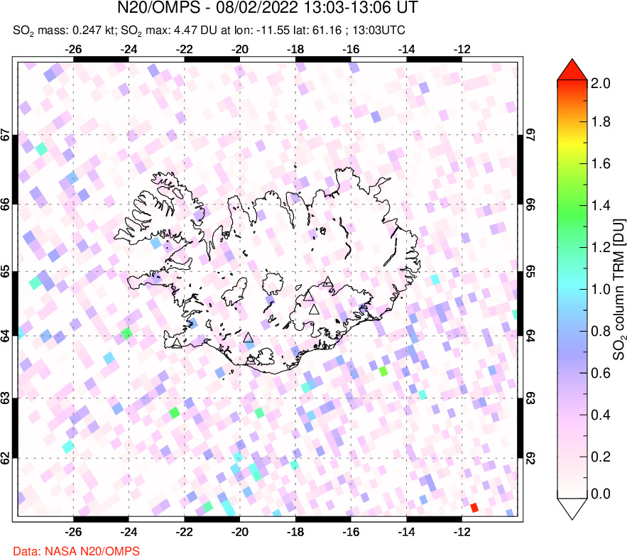 A sulfur dioxide image over Iceland on Aug 02, 2022.