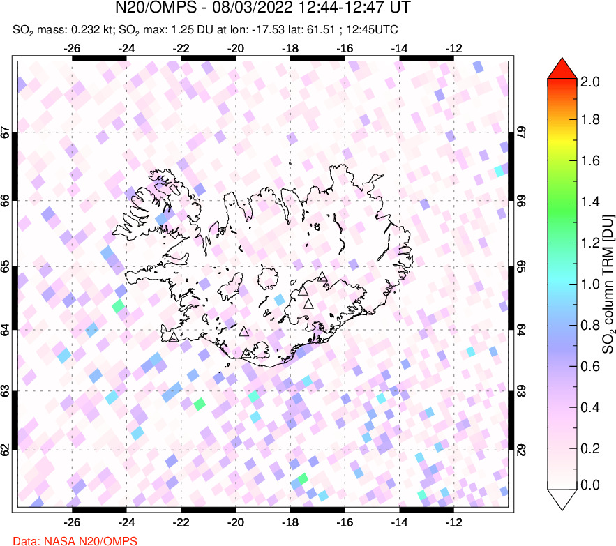 A sulfur dioxide image over Iceland on Aug 03, 2022.