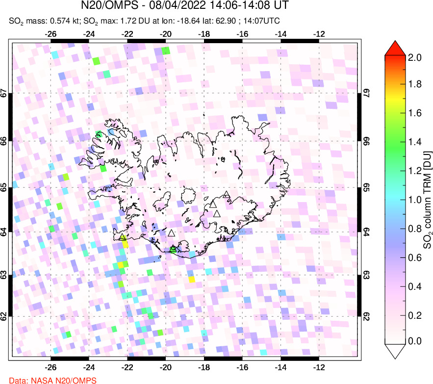 A sulfur dioxide image over Iceland on Aug 04, 2022.