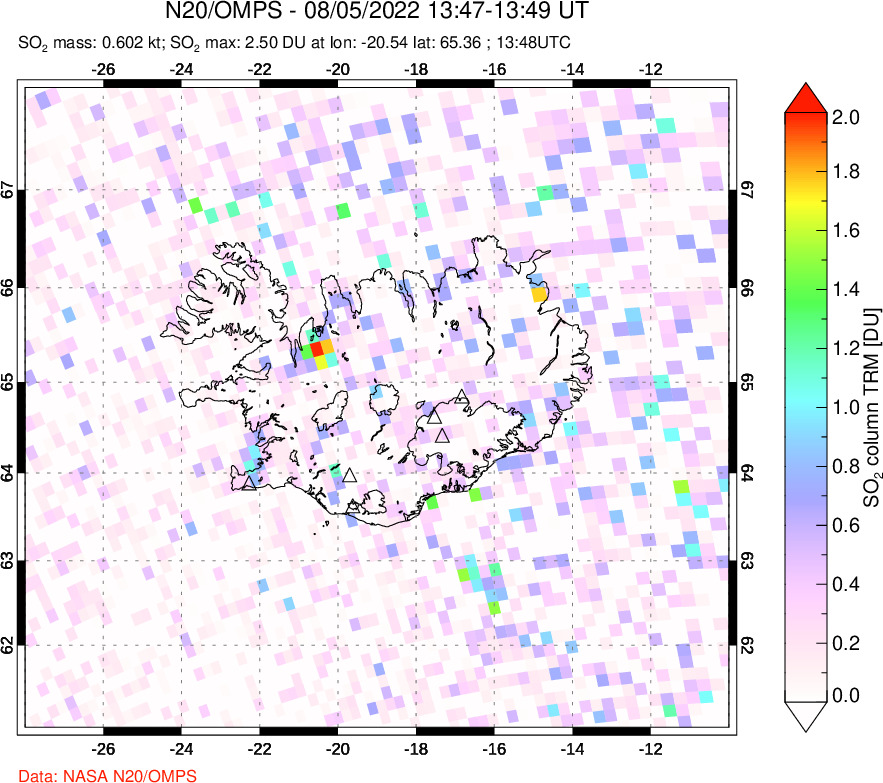 A sulfur dioxide image over Iceland on Aug 05, 2022.