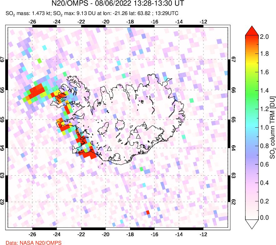 A sulfur dioxide image over Iceland on Aug 06, 2022.