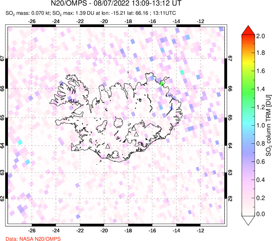 A sulfur dioxide image over Iceland on Aug 07, 2022.