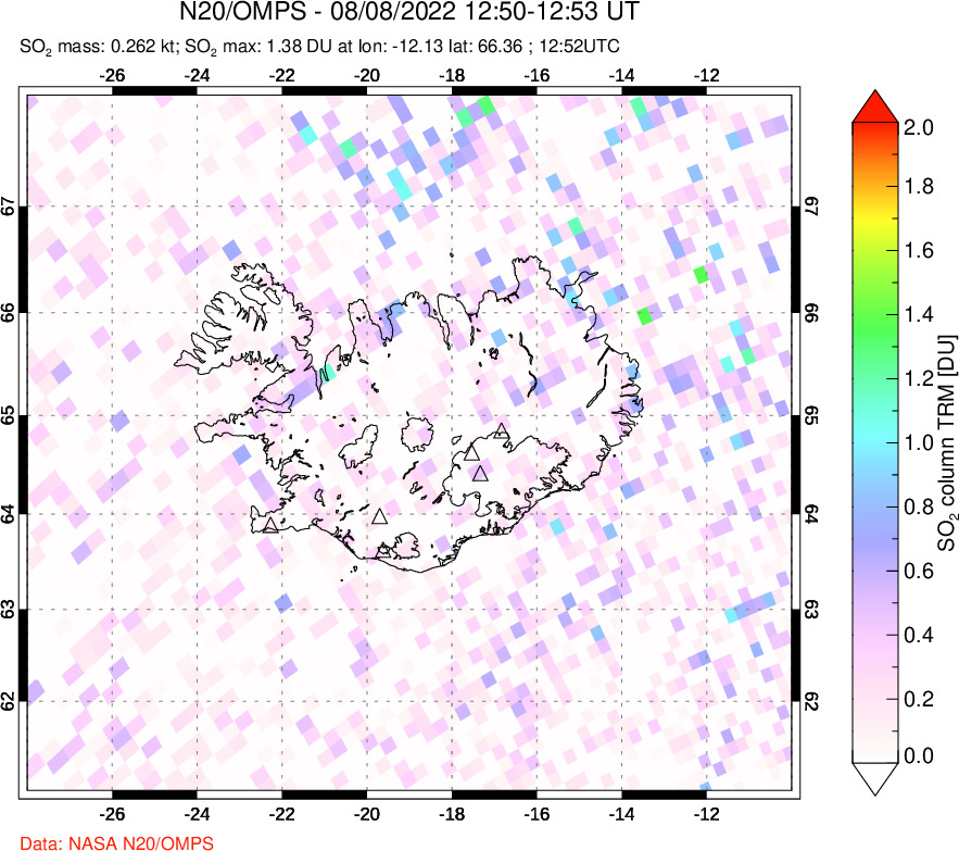 A sulfur dioxide image over Iceland on Aug 08, 2022.