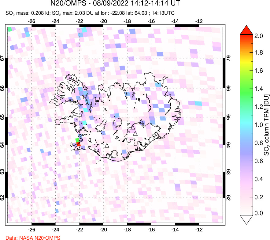 A sulfur dioxide image over Iceland on Aug 09, 2022.