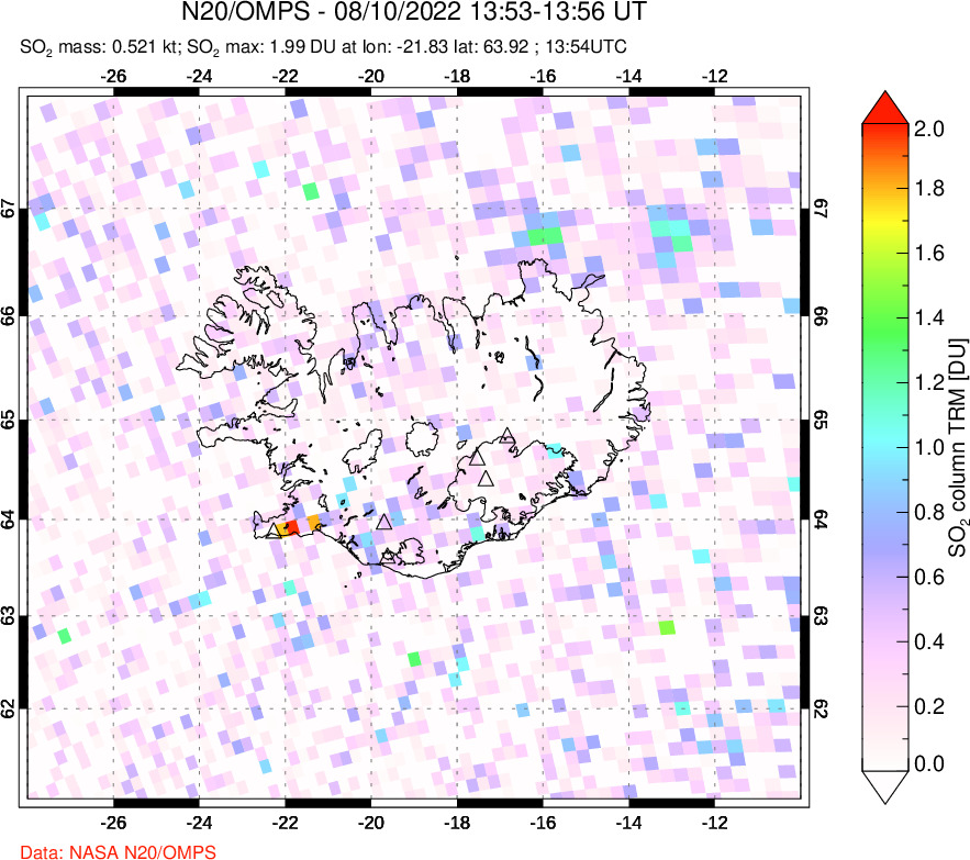 A sulfur dioxide image over Iceland on Aug 10, 2022.