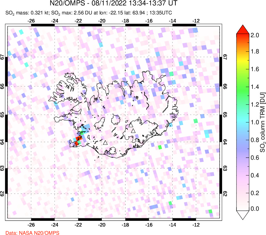 A sulfur dioxide image over Iceland on Aug 11, 2022.