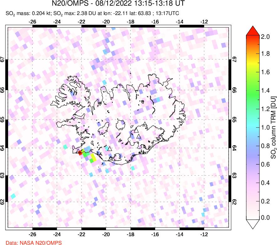 A sulfur dioxide image over Iceland on Aug 12, 2022.