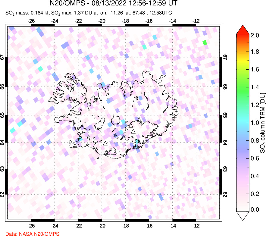 A sulfur dioxide image over Iceland on Aug 13, 2022.