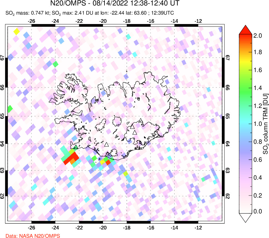 A sulfur dioxide image over Iceland on Aug 14, 2022.