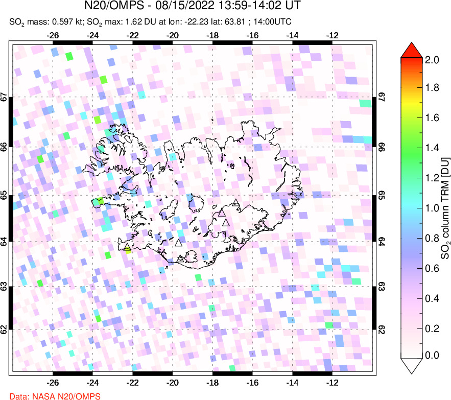 A sulfur dioxide image over Iceland on Aug 15, 2022.