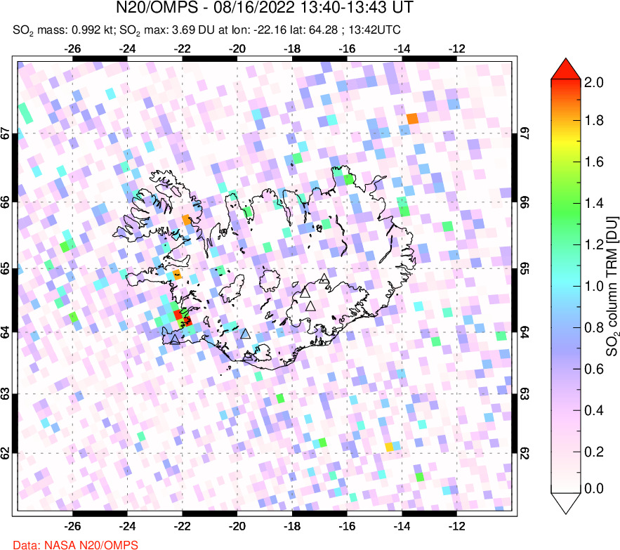 A sulfur dioxide image over Iceland on Aug 16, 2022.