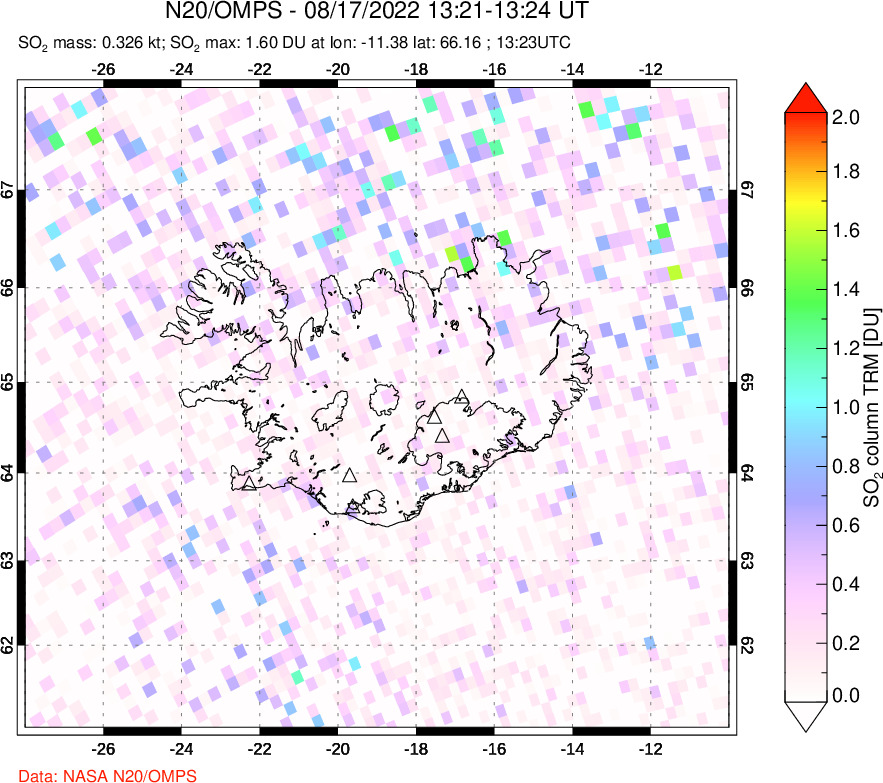 A sulfur dioxide image over Iceland on Aug 17, 2022.