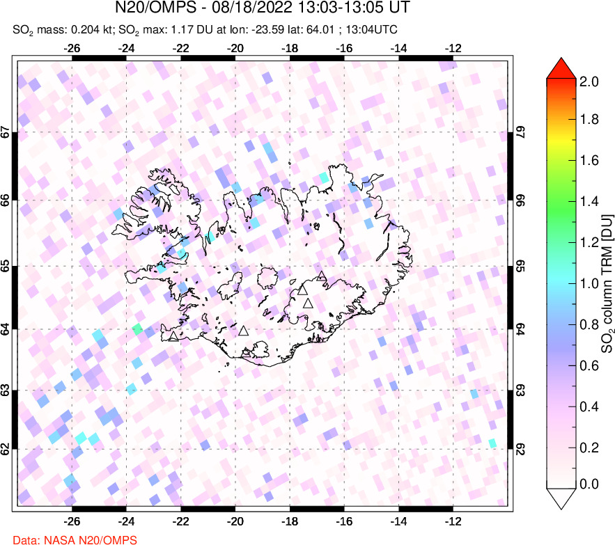 A sulfur dioxide image over Iceland on Aug 18, 2022.