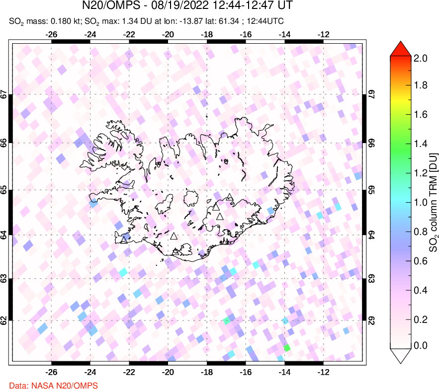 A sulfur dioxide image over Iceland on Aug 19, 2022.