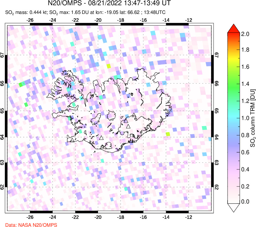 A sulfur dioxide image over Iceland on Aug 21, 2022.