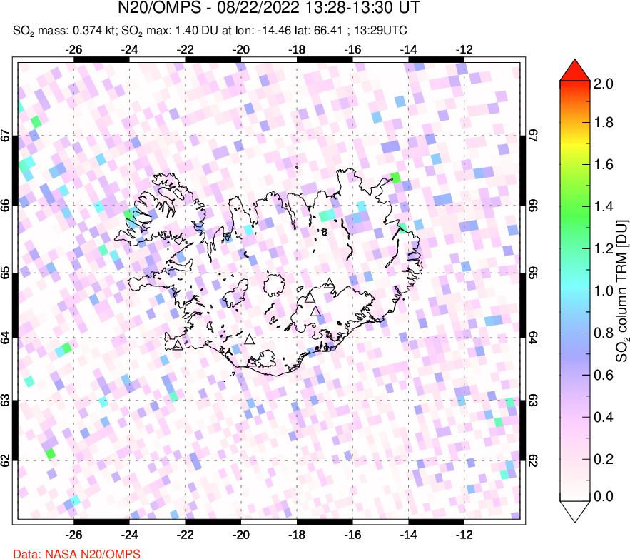 A sulfur dioxide image over Iceland on Aug 22, 2022.