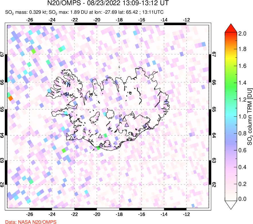 A sulfur dioxide image over Iceland on Aug 23, 2022.