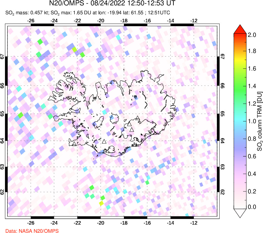 A sulfur dioxide image over Iceland on Aug 24, 2022.