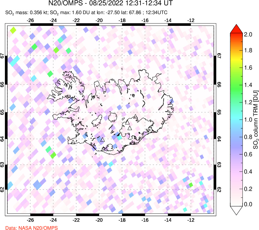 A sulfur dioxide image over Iceland on Aug 25, 2022.