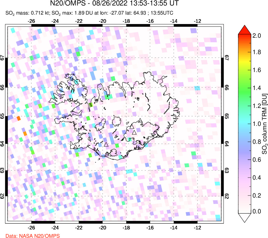 A sulfur dioxide image over Iceland on Aug 26, 2022.