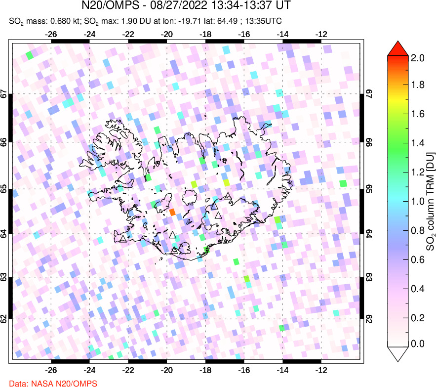 A sulfur dioxide image over Iceland on Aug 27, 2022.