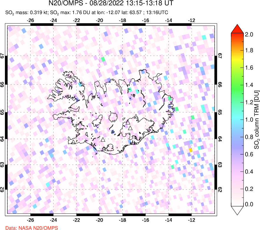 A sulfur dioxide image over Iceland on Aug 28, 2022.