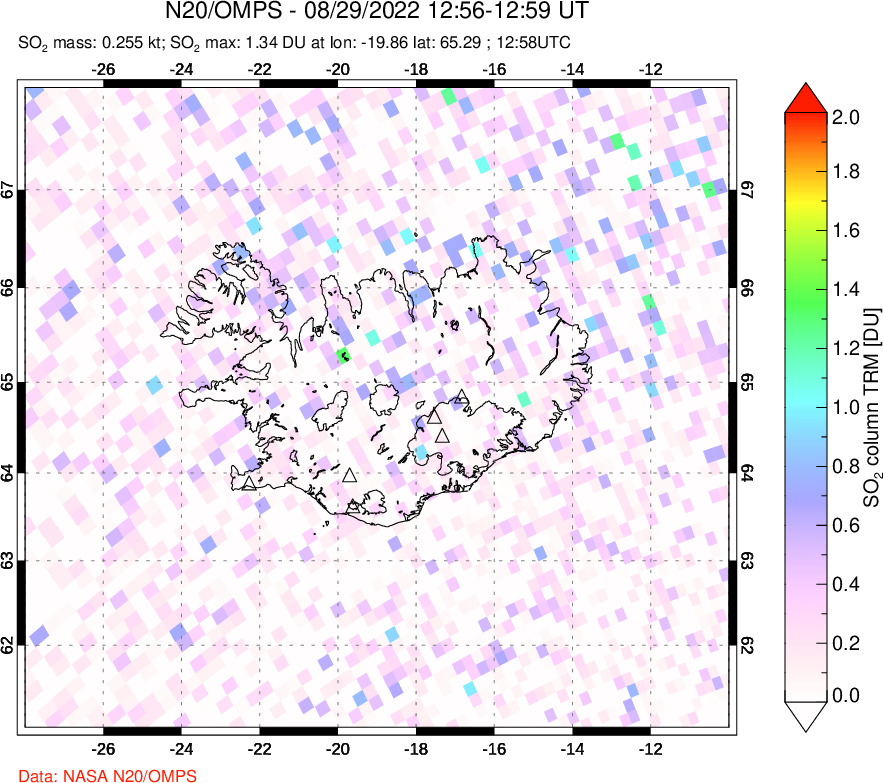 A sulfur dioxide image over Iceland on Aug 29, 2022.