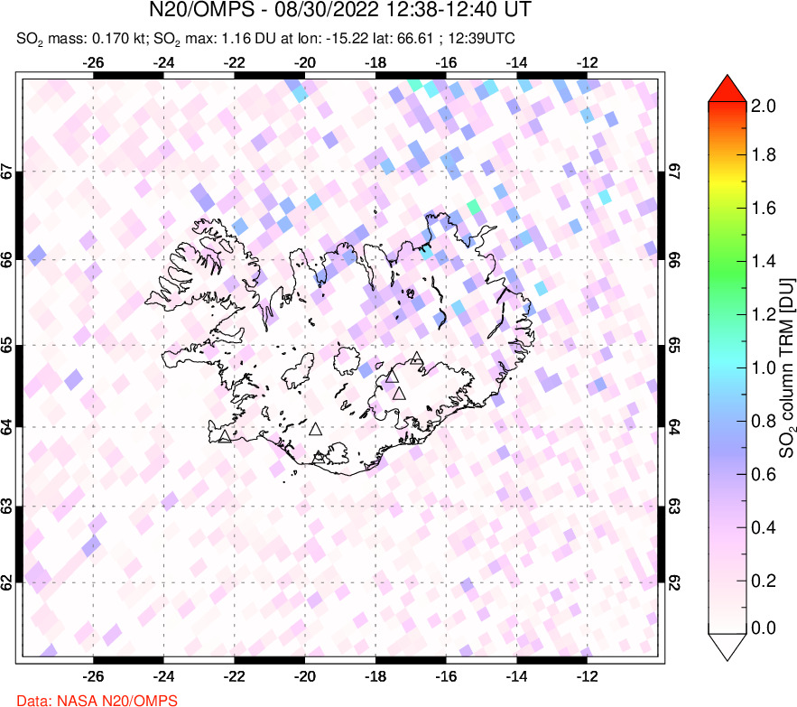 A sulfur dioxide image over Iceland on Aug 30, 2022.