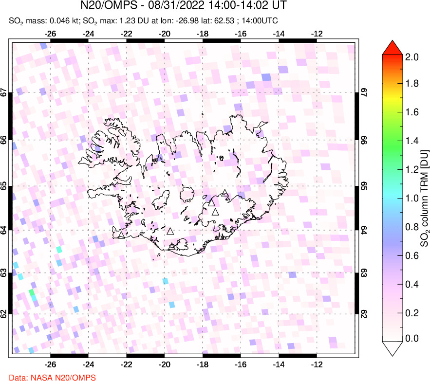 A sulfur dioxide image over Iceland on Aug 31, 2022.