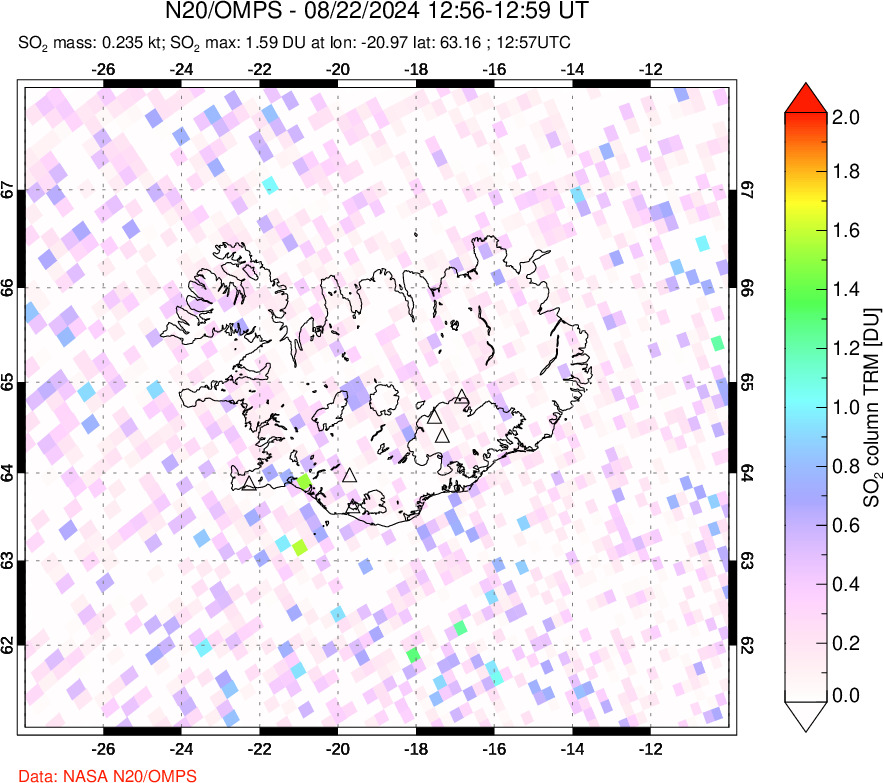 A sulfur dioxide image over Iceland on Aug 22, 2022.