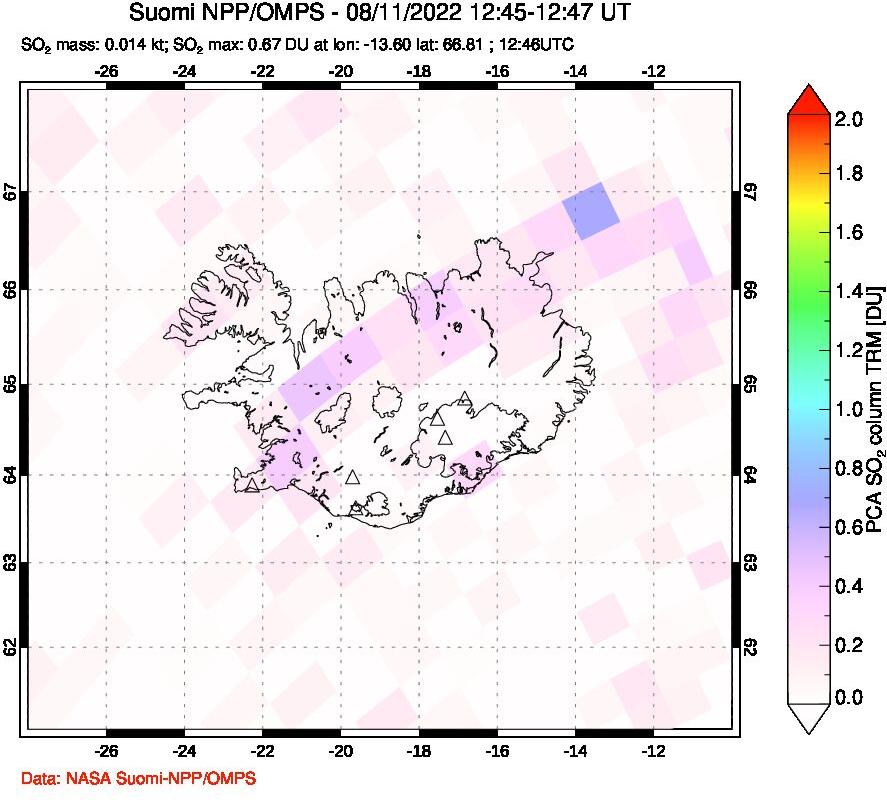 A sulfur dioxide image over Iceland on Aug 11, 2022.