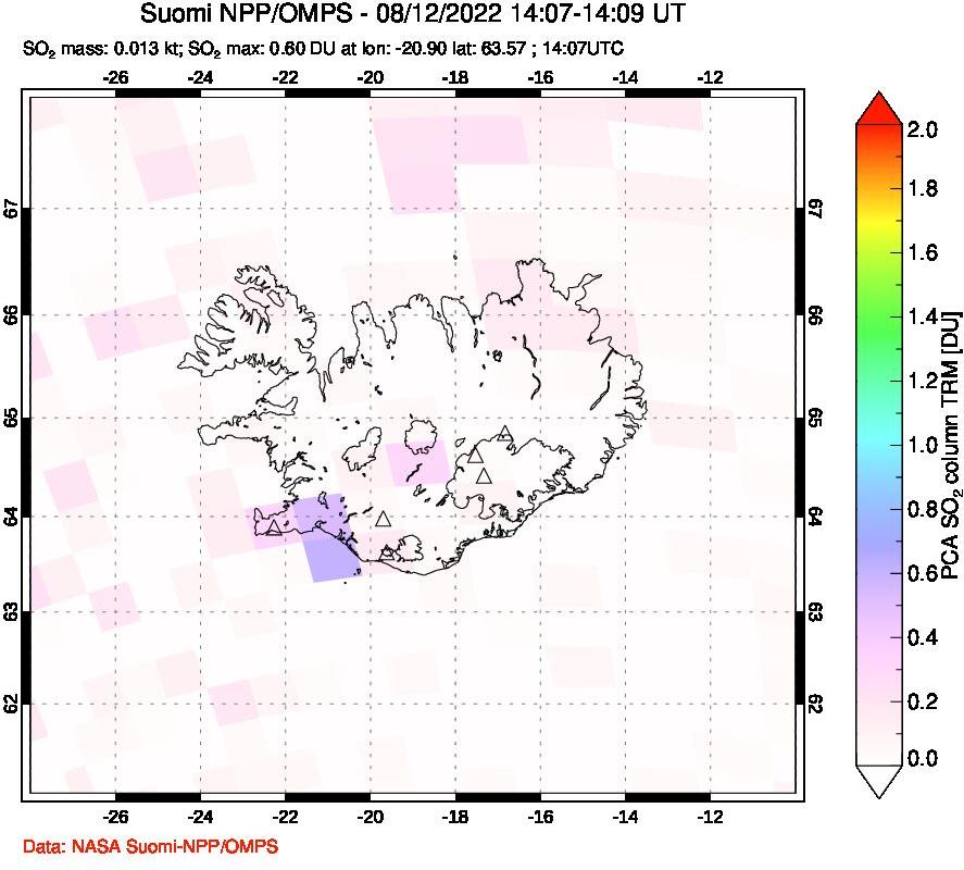 A sulfur dioxide image over Iceland on Aug 12, 2022.