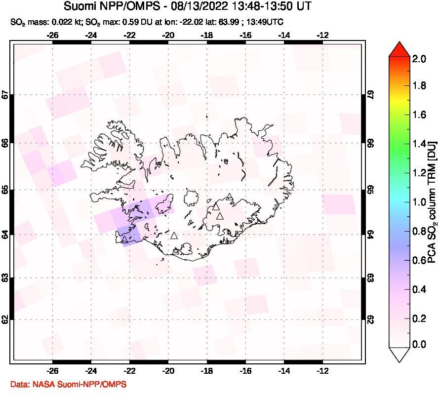 A sulfur dioxide image over Iceland on Aug 13, 2022.