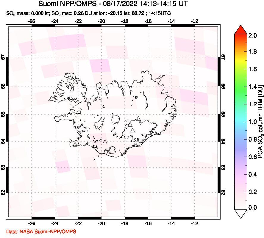 A sulfur dioxide image over Iceland on Aug 17, 2022.