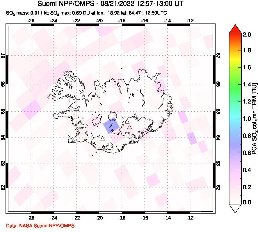 A sulfur dioxide image over Iceland on Aug 21, 2022.