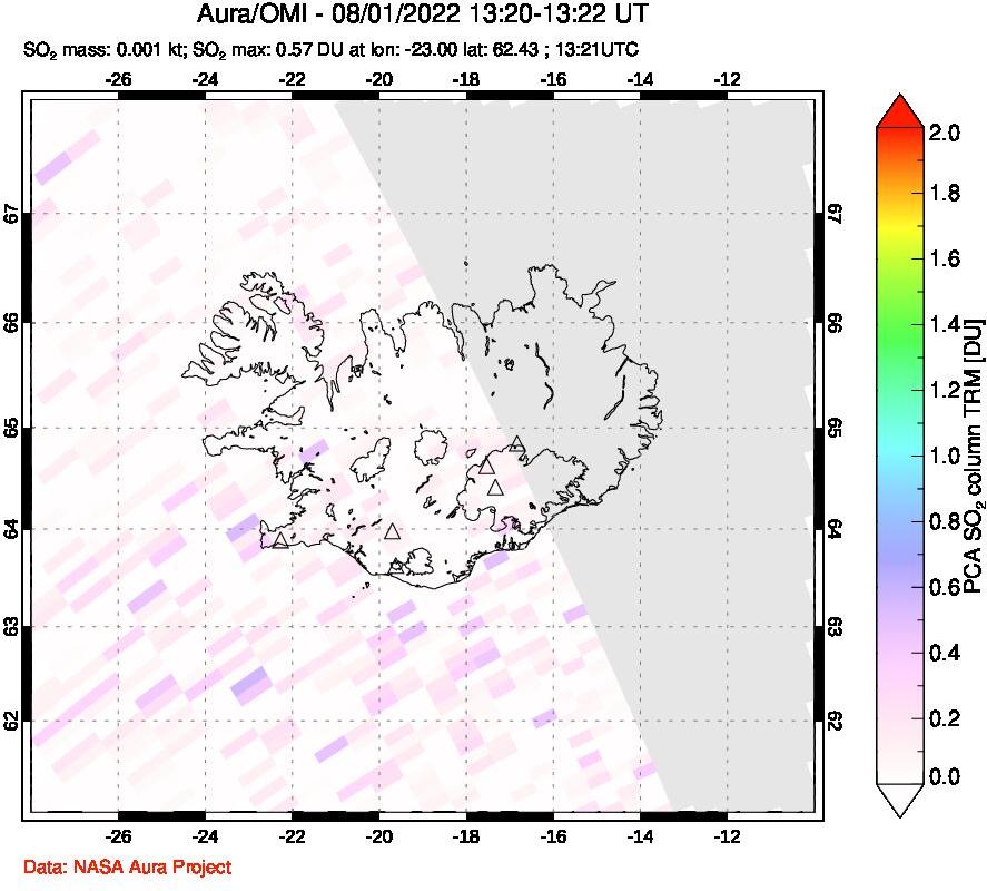 A sulfur dioxide image over Iceland on Aug 01, 2022.
