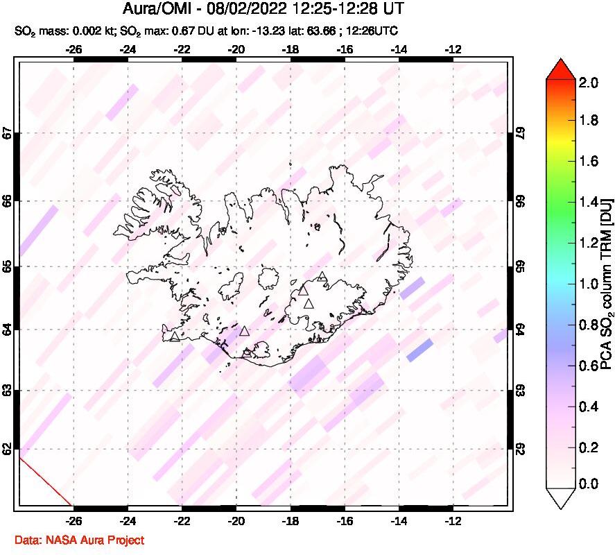 A sulfur dioxide image over Iceland on Aug 02, 2022.