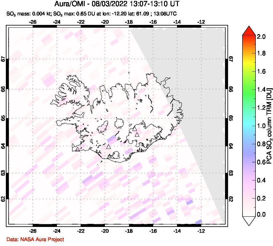 A sulfur dioxide image over Iceland on Aug 03, 2022.