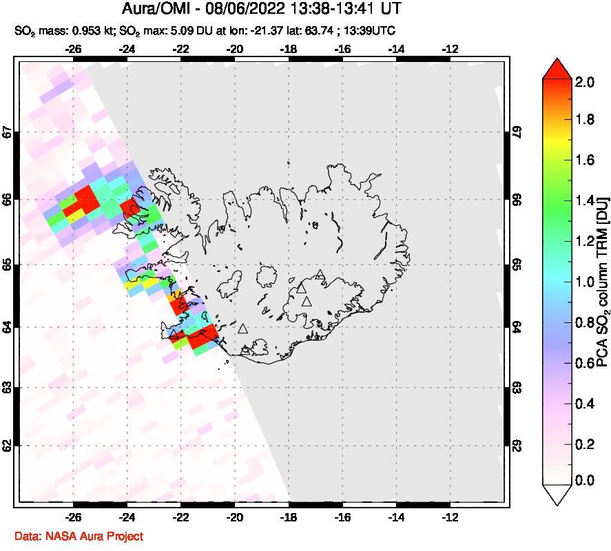 A sulfur dioxide image over Iceland on Aug 06, 2022.